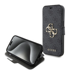 Guess 4G Big Metal Logo Book Wallet Klapphülle für Apple iPhone 15 - Grau