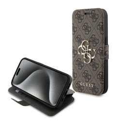Guess 4G Big Metal Logo Book Wallet Klapphülle für Apple iPhone 15 Pro Max - Braun