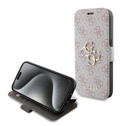 Guess 4G Big Metal Logo Book Wallet Klapphülle für Apple iPhone 15 Pro - Rosa