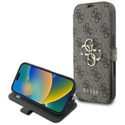 Guess 4G Big Metal Logo Book Wallet Klapphülle für Apple iPhone 16 - Braun