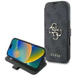 Guess 4G Big Metal Logo Book Wallet Klapphülle für Apple iPhone 16 Plus - Schwarz
