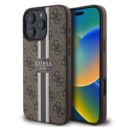 Guess 4G Printed Stripes Hard Case Back Cover Hülle mit MagSafe für Apple iPhone 16 Pro - Braun