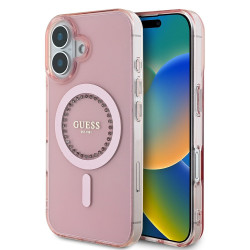 Guess IML Rhinestones Back Cover Hülle mit MagSafe für Apple iPhone 16 - Rosa