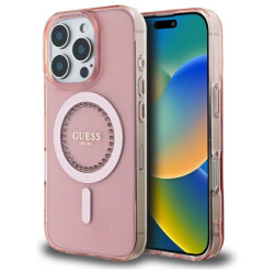 Guess IML Rhinestones Back Cover Hülle mit MagSafe für Apple iPhone 16 Pro - Rosa