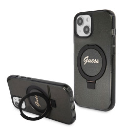 Guess Ring Stand Script Glitter Back Cover Hülle mit MagSafe für Apple iPhone 15 - Schwarz