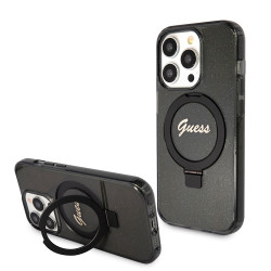 Guess Ring Stand Script Glitter Back Cover Hülle mit MagSafe für Apple iPhone 15 Pro - Schwarz