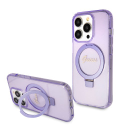 Guess Ring Stand Script Glitter Back Cover Hülle mit MagSafe für Apple iPhone 15 Pro Max - Lila