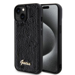 Guess Sequin Script Metal Back Cover Hülle für Apple iPhone 15 - Schwarz