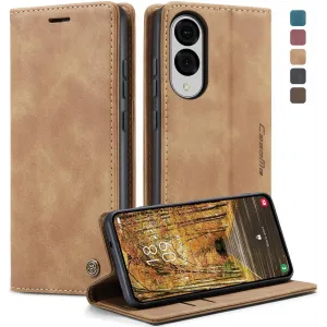CASEME Retro Texture Book Wallet Klapphülle für Samsung Galaxy S25 Edge - Hellbraun
