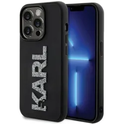 Karl Lagerfeld 3D Rubber Glitter Logo Back Cover Hülle für Apple iPhone 15 Pro - Schwarz