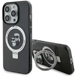 Karl Lagerfeld Ring Stand Karl & Choupette Hard Case Back Cover Hülle mit MagSafe für Apple iPhone 15 Pro - Schwarz