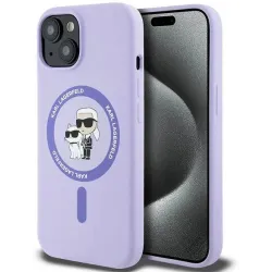 Karl Lagerfeld Silikon Karl & Choupette Heads Ring Back Cover Hülle mit MagSafe für Apple iPhone 15 - Lila