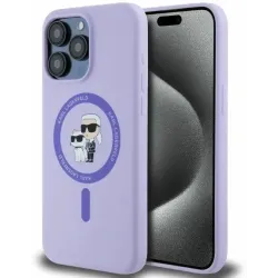 Karl Lagerfeld Silikon Karl & Choupette Heads Ring Back Cover Hülle mit MagSafe für Apple iPhone 15 Pro Max - Lila
