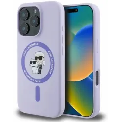 Karl Lagerfeld Silikon Karl & Choupette Heads Ring Back Cover Hülle mit MagSafe für Apple iPhone 16 Pro - Lila