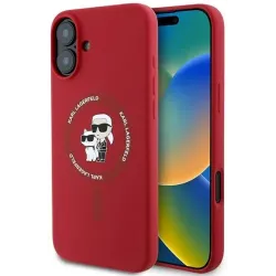 Karl Lagerfeld Silikon Karl & Choupette Heads Ring Back Cover Hülle mit MagSafe für Apple iPhone 16 Plus - Rot