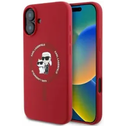 Karl Lagerfeld Silikon Karl & Choupette Heads Ring Back Cover Hülle mit MagSafe für Apple iPhone 16 - Rot