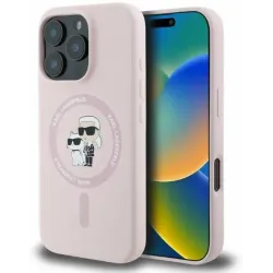 Karl Lagerfeld Silikon Karl & Choupette Heads Ring Back Cover Hülle mit MagSafe für Apple iPhone 16 Pro Max - Rosa