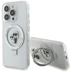 Karl Lagerfeld Ring Stand Karl & Choupette Hard Case Back Cover Hülle mit MagSafe für Apple iPhone 15 Pro - Weiß