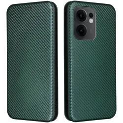 Phonesta Carbon Fiber Skin Book Wallet Klapphülle für Oppo Reno13 F 4G/5G / Reno13 FS 5G - Dunkelgrün
