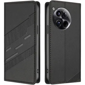 Phonesta Embossed Lines Book Wallet Klapphülle für OnePlus 12 - Schwarz