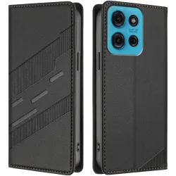 Phonesta Embossed Lines Book Wallet Klapphülle für Motorola Moto G75 - Schwarz