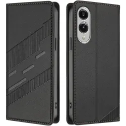 Phonesta Embossed Lines Book Wallet Klapphülle für Samsung Galaxy S25 Edge - Schwarz