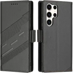 Phonesta Embossed Lines Book Wallet Klapphülle für Samsung Galaxy S25 Ultra - Schwarz