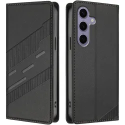 Phonesta Embossed Lines Book Wallet Klapphülle für Samsung Galaxy S25 - Schwarz