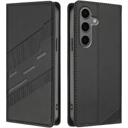 Phonesta Embossed Lines Book Wallet Klapphülle für Samsung Galaxy S25 Plus - Schwarz
