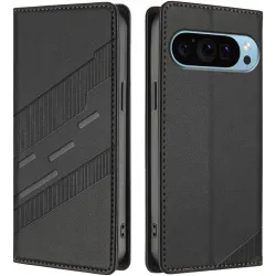 Phonesta Embossed Lines Book Wallet Klapphülle für Google Pixel 9 / 9 Pro - Schwarz